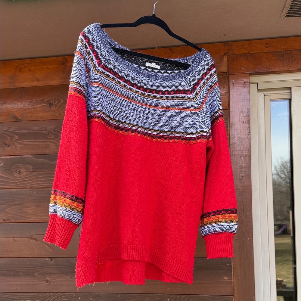 Maurices Red Sweater with Multicolor Patterned Yoke
